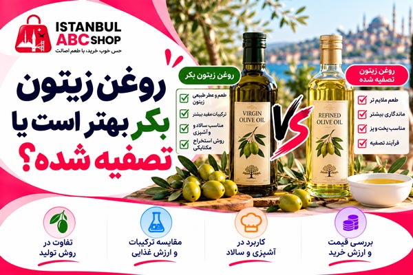 مقایسه روغن زیتون بکر و تصفیه شده از نظر ارزش غذایی، طعم، روش تولید و کاربرد در آشپزی